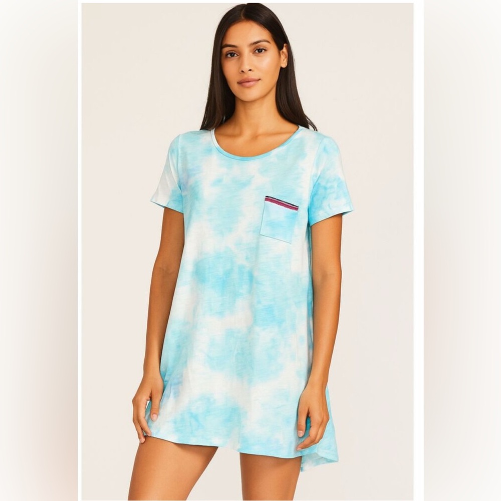 Pitusa T-Shirt Cover Up PJ’S Blue Tie-Dye Inca Trim Pocket Size Petite S/M